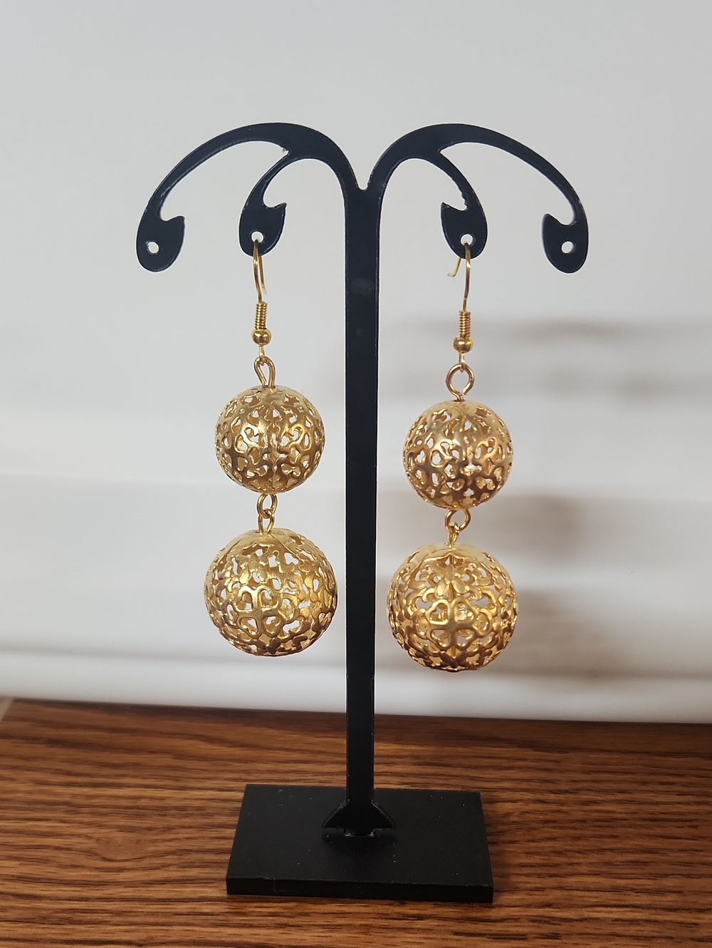 Gold Filigree Double Ball Drop Earrings - Elegant Women Jewelry